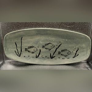 Vintage Ceramic Small Platter Fish Ocean Legged Greenish Gray 13.5”